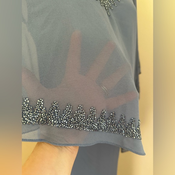 J Kara NWTS Overlay Asymmetrical Maxi Evening Dress Dusty Blue Sheer Bea… - Picture 6 of 16
